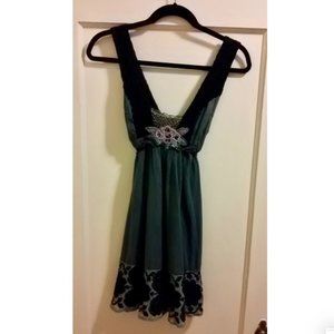 Teal, A-line cocktail dress lotus embroidery boho